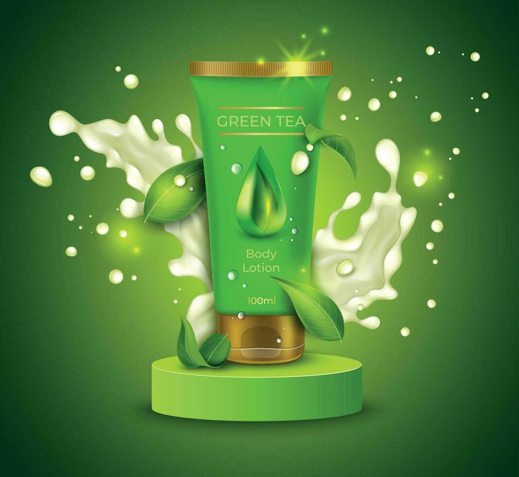 réaliste détaillé 3d corps lotion avec vert thé feuilles concept Contexte. vecteur