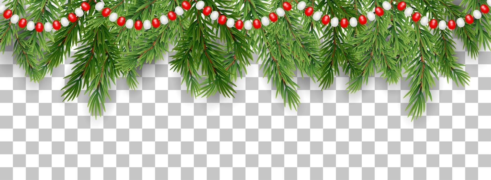 joyeux noël et bonne année bordure de branches d'arbres et de perles de guirlande sur fond transparent. illustration vectorielle vecteur