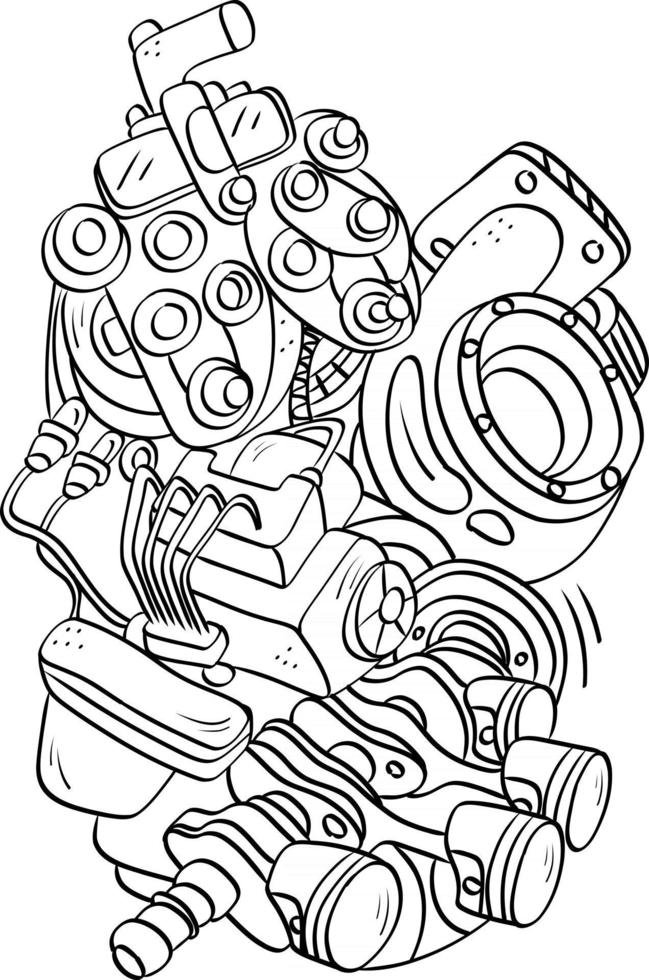 composants de moteur de voiture doodle contour style d'écriture manuscrite vecteur