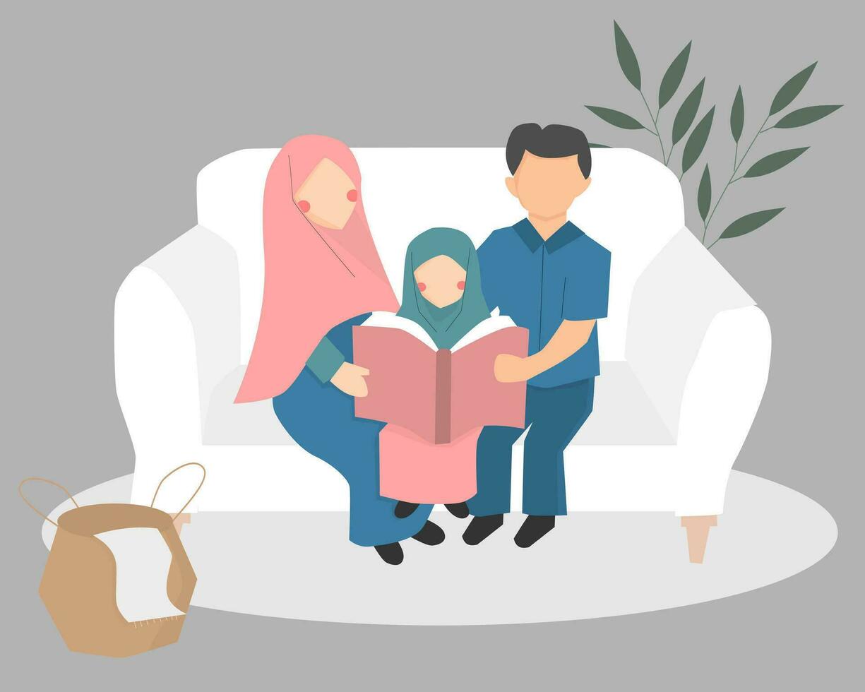 musulman famille lis une livre ensemble vecteur