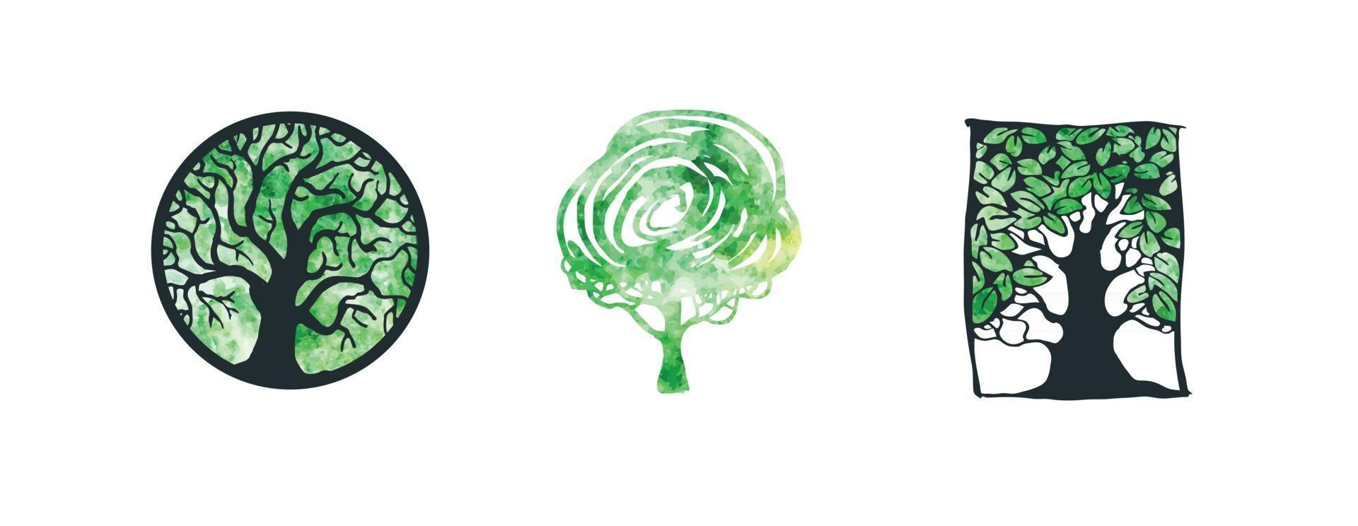 vecteur aquarelle ensemble coloré de logo d'arbre et d'icônes. modèle de conception, badges, étiquettes et logo pour les entreprises