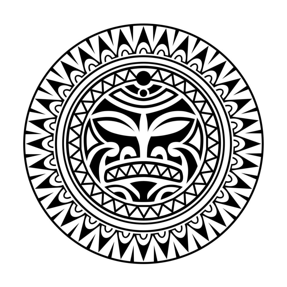 rond tatouage ornement avec Soleil visage maori style. africain, aztèques ou maya ethnique masque. noir et blanche. vecteur