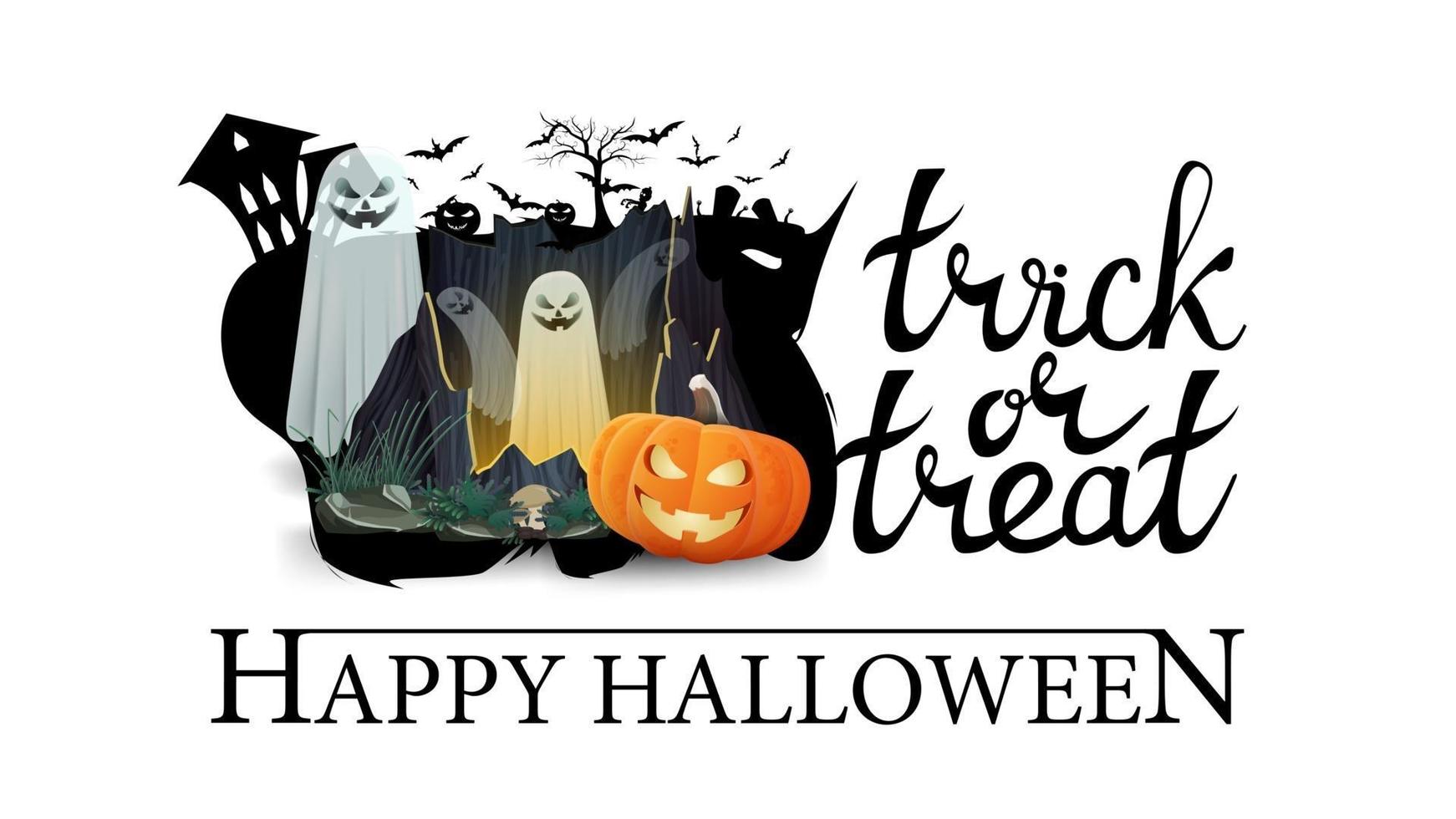 joyeux halloween, trick or treat, bannière pour votre créativité isolée sur fond blanc. logo avec silhouette d'un cimetière et portail avec fantômes et citrouille jack vecteur
