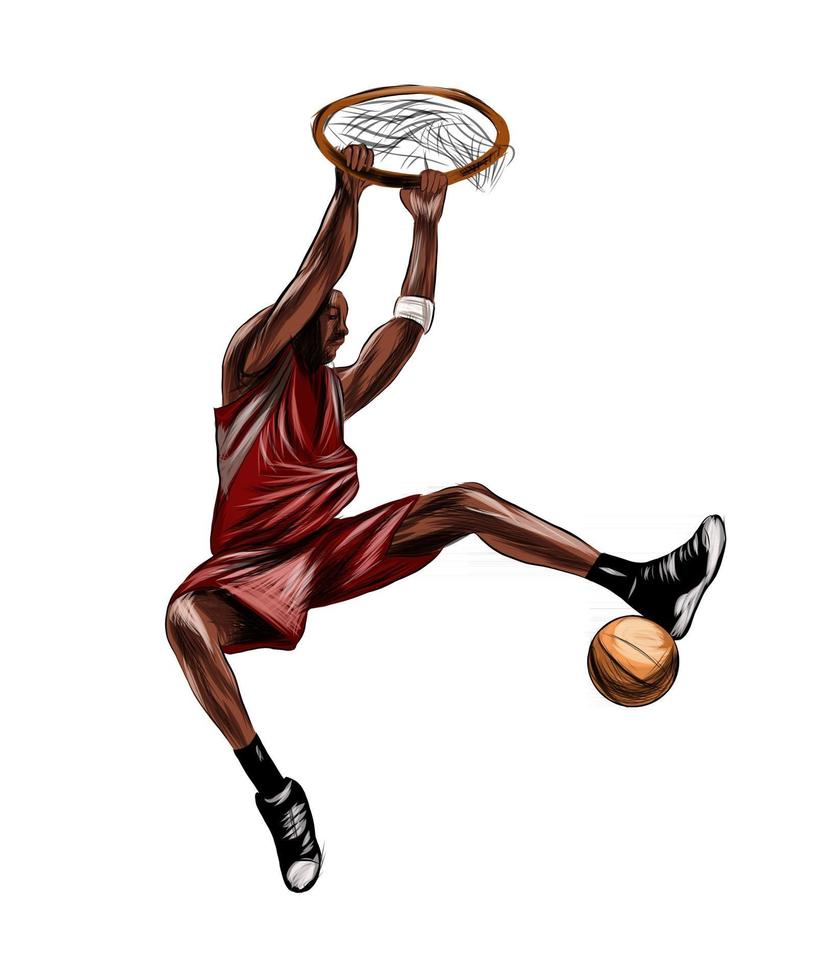 joueur de basket-ball abstrait avec ballon d'éclaboussures d'aquarelles, dessin coloré, réaliste. illustration vectorielle de peintures vecteur