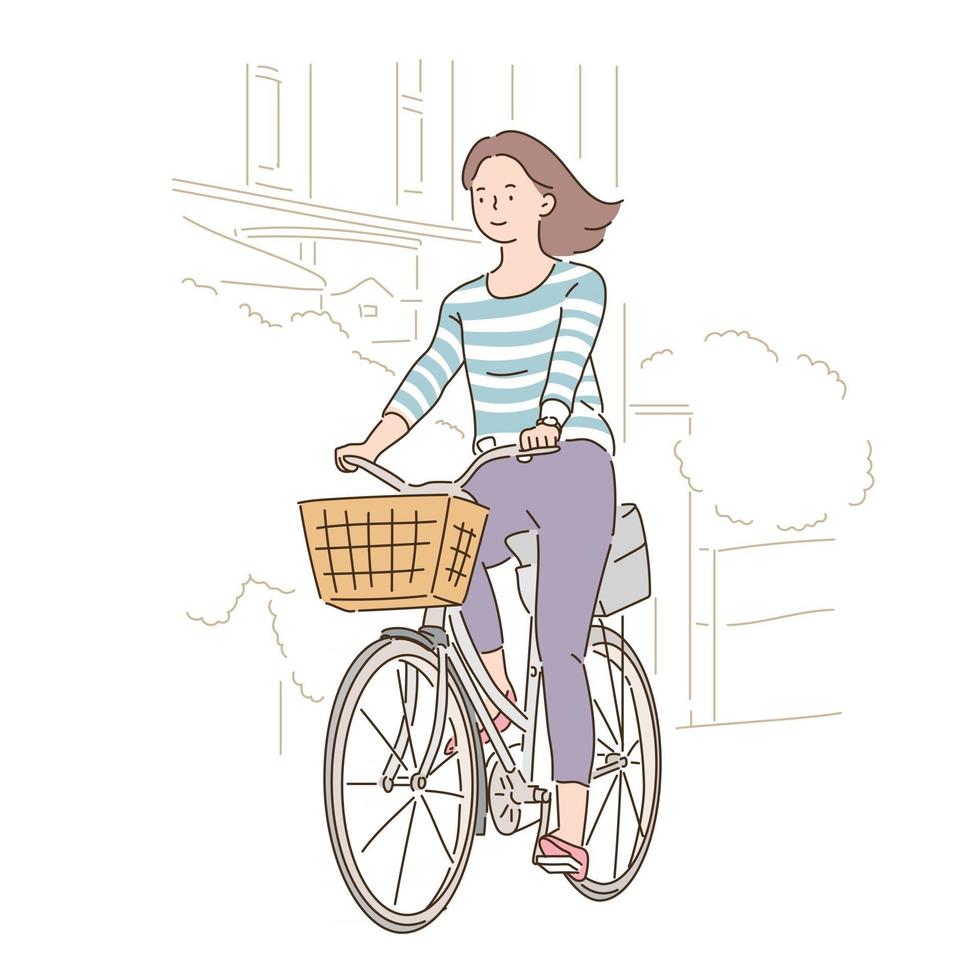 une femme fait du vélo avec un panier. illustrations de conception de vecteur de style dessinés à la main.