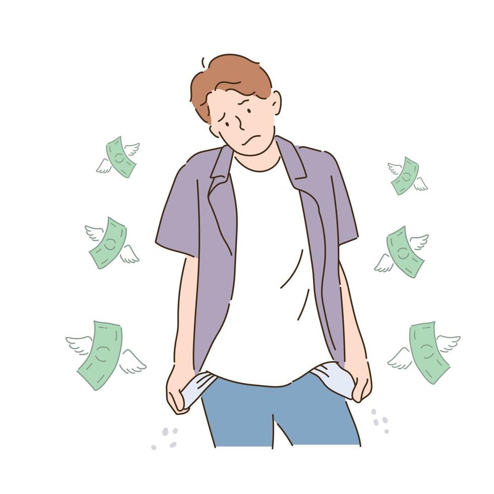 un homme montre une poche vide. l'argent vole partout. illustrations de conception de vecteur de style dessinés à la main.