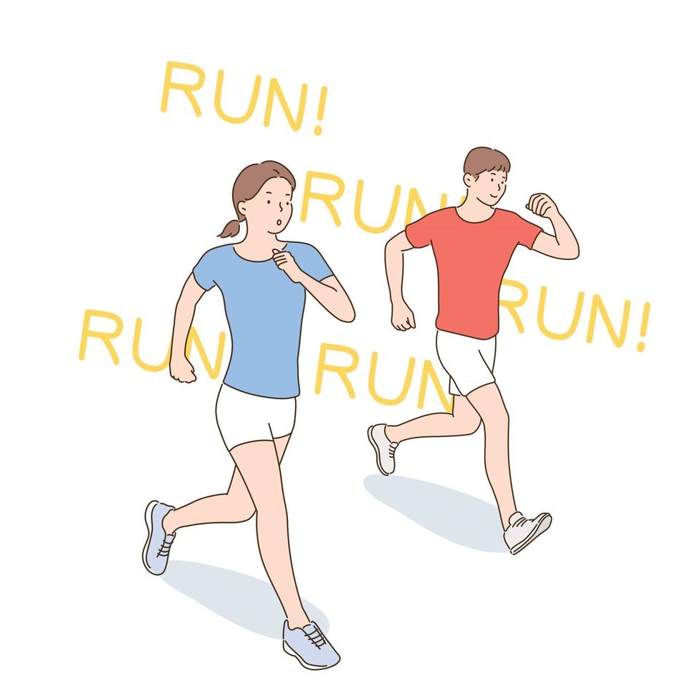 un homme et une femme font du jogging. illustrations de conception de vecteur de style dessinés à la main.