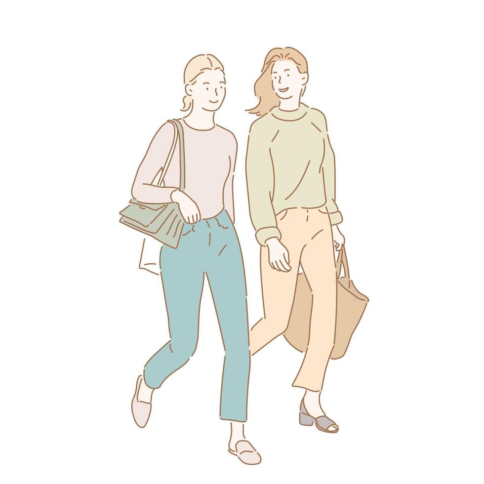 deux femmes marchent et parlent. illustrations de conception de vecteur de style dessinés à la main.