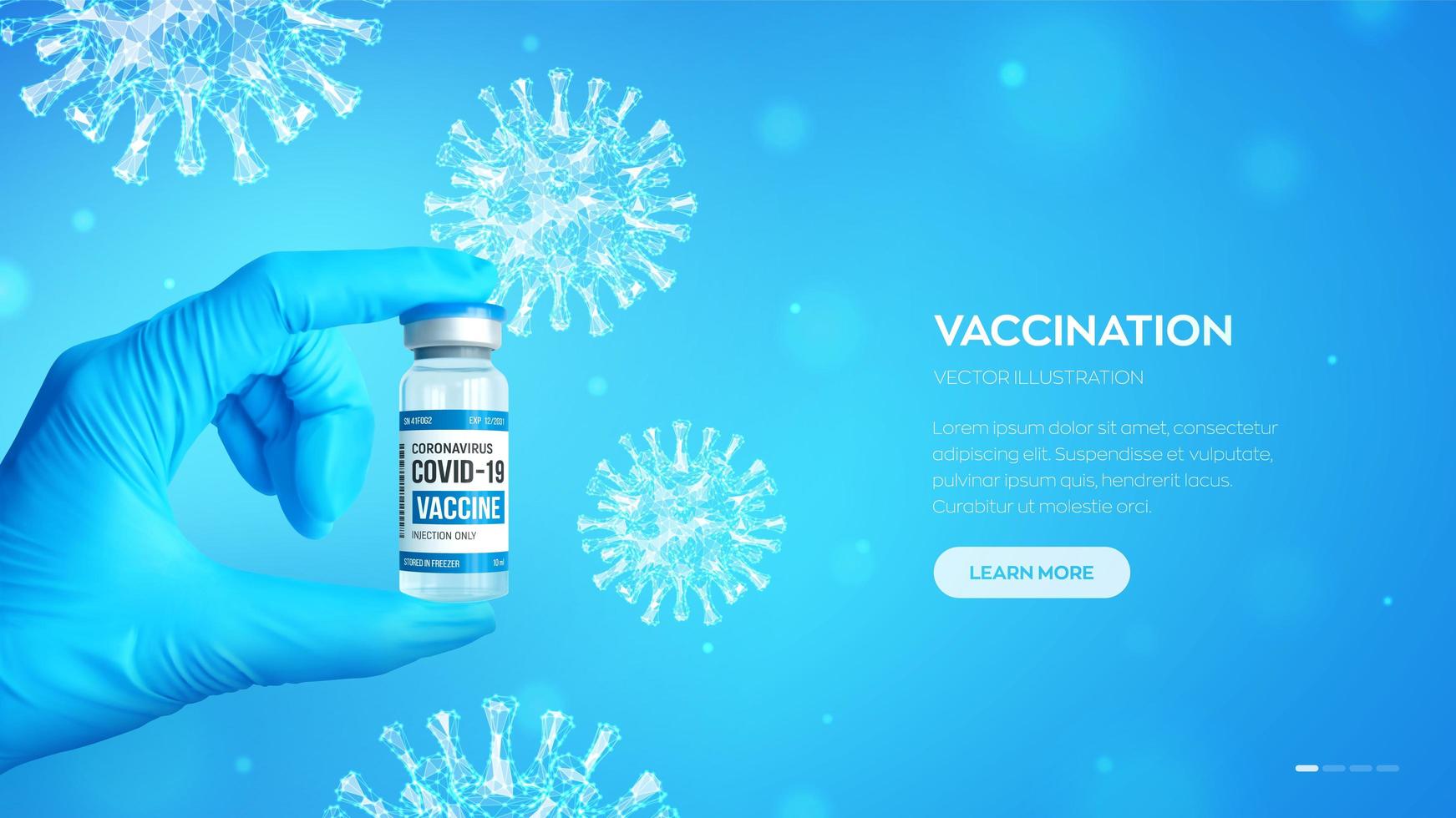 flacon de vaccin contre le coronavirus covid-19. notion de vaccination. la main du médecin dans des gants bleus tient le flacon en verre médical pour injection. vue microscopique des cellules du virus covid-19 en gros plan. vecteur