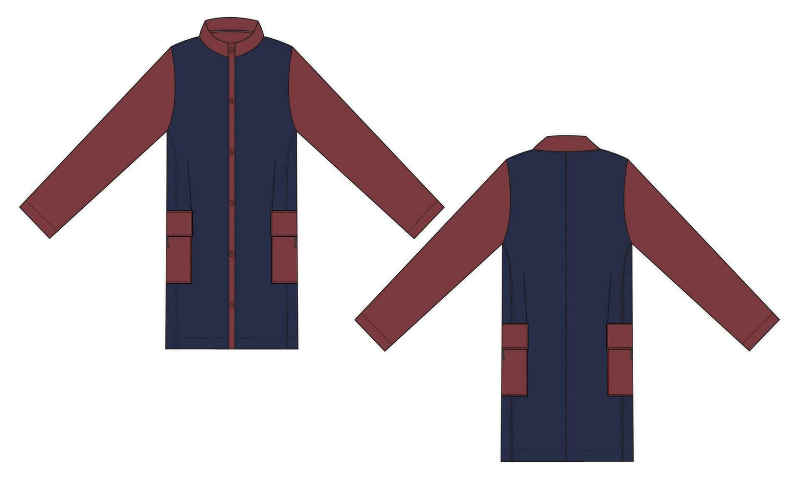 longue manche le genou longueur manteau veste technique dessin mode plat esquisser vecteur illustration modèle de face et retour