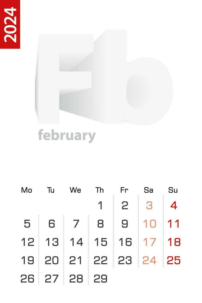 minimaliste calendrier modèle pour février 2024, vecteur calendrier dans Anglais.