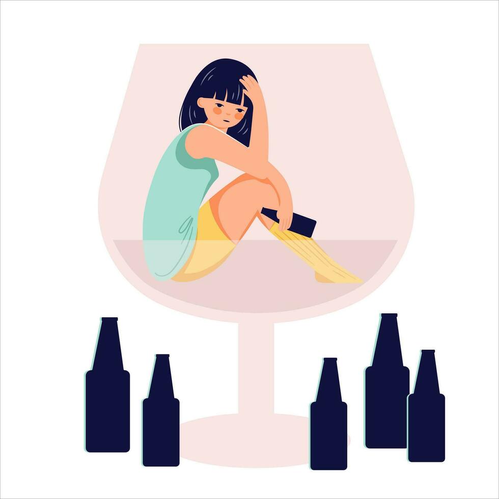 de l'alcool abuser de dépendance concept main tiré ivre femme illustration vecteur