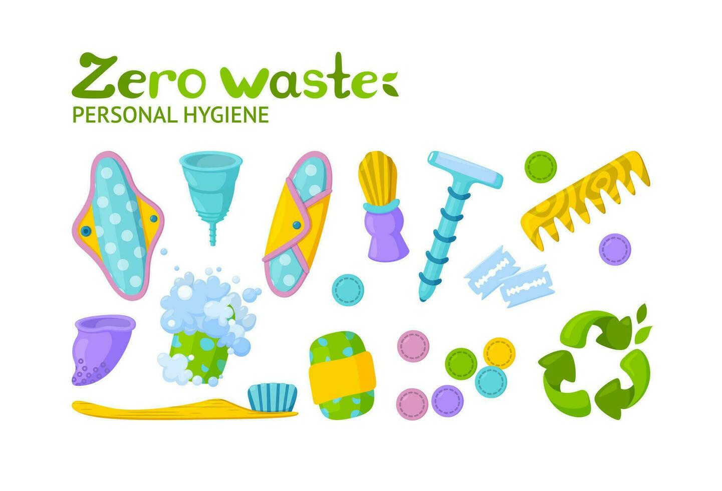 personnel hygiène zéro déchets ensemble. symbole de recyclage et réutilisable articles. vecteur illustration