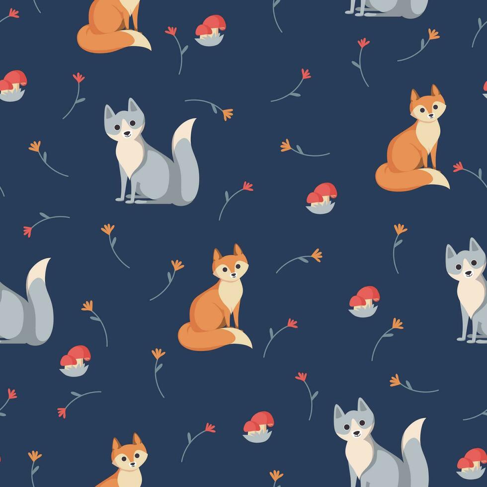 animal sans couture modèle. Renard et Loup sur bleu Contexte avec fleurs et champignons. modèle pour textile, en tissu et papier. vecteur illustration dans mignonne dessin animé style