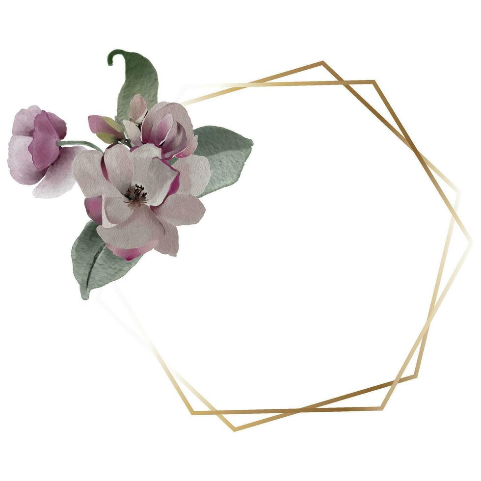 rustique mariage or Cadre avec violet magnolia fleurs. vecteur