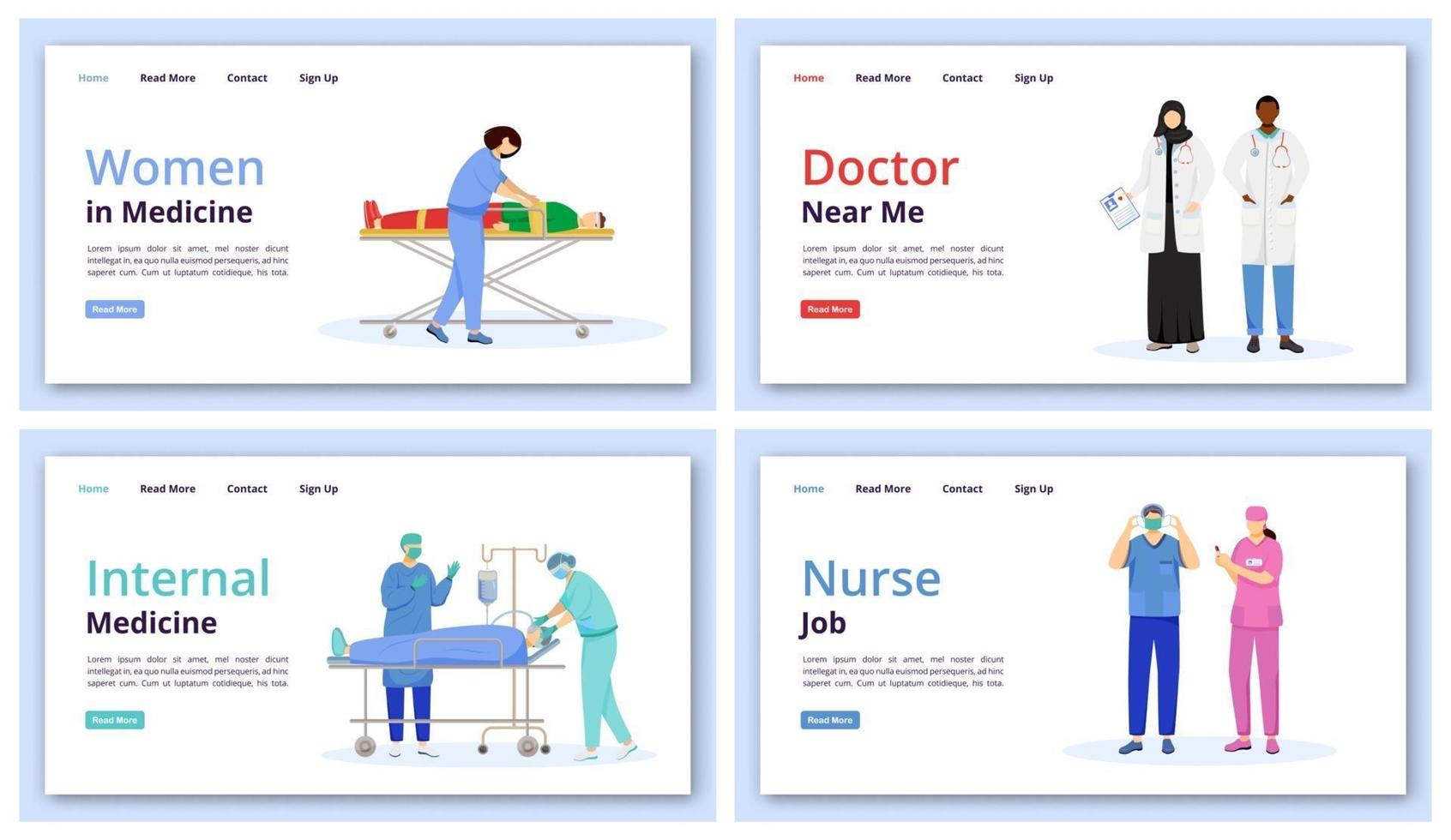 ensemble de modèles vectoriels de page de destination pour les soins de santé et la médecine. médecin près de moi idée d'interface de site Web avec illustration plate. mise en page de la page d'accueil de la médecine interne. bannière web d'emploi d'infirmière, concept de dessin animé de page web vecteur