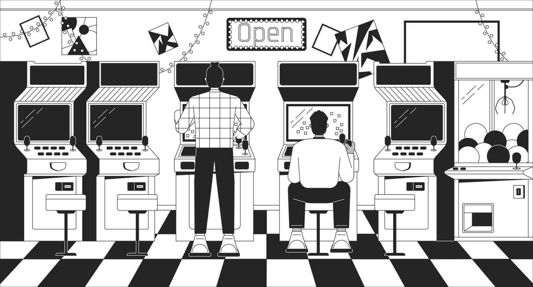 arcade vidéo jeu noir et blanc lo Fi esthétique fond d'écran. vieux école Machines contour 2d vecteur dessin animé objets illustration, monochrome lofi Contexte. bw Années 90 rétro album art, refroidissement ambiance