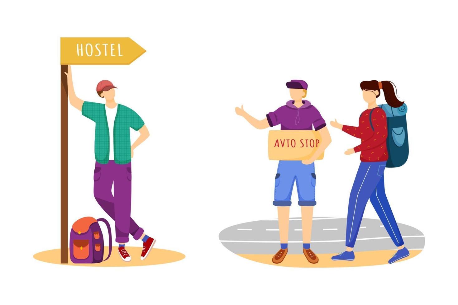 illustration vectorielle plane de l'auto-stop. idées de voyage pas chères. rester dans l'auberge. arrêter la voiture pour le trajet. idées de voyages pour les jeunes. personnage de dessin animé isolé tourisme budget sur fond blanc vecteur