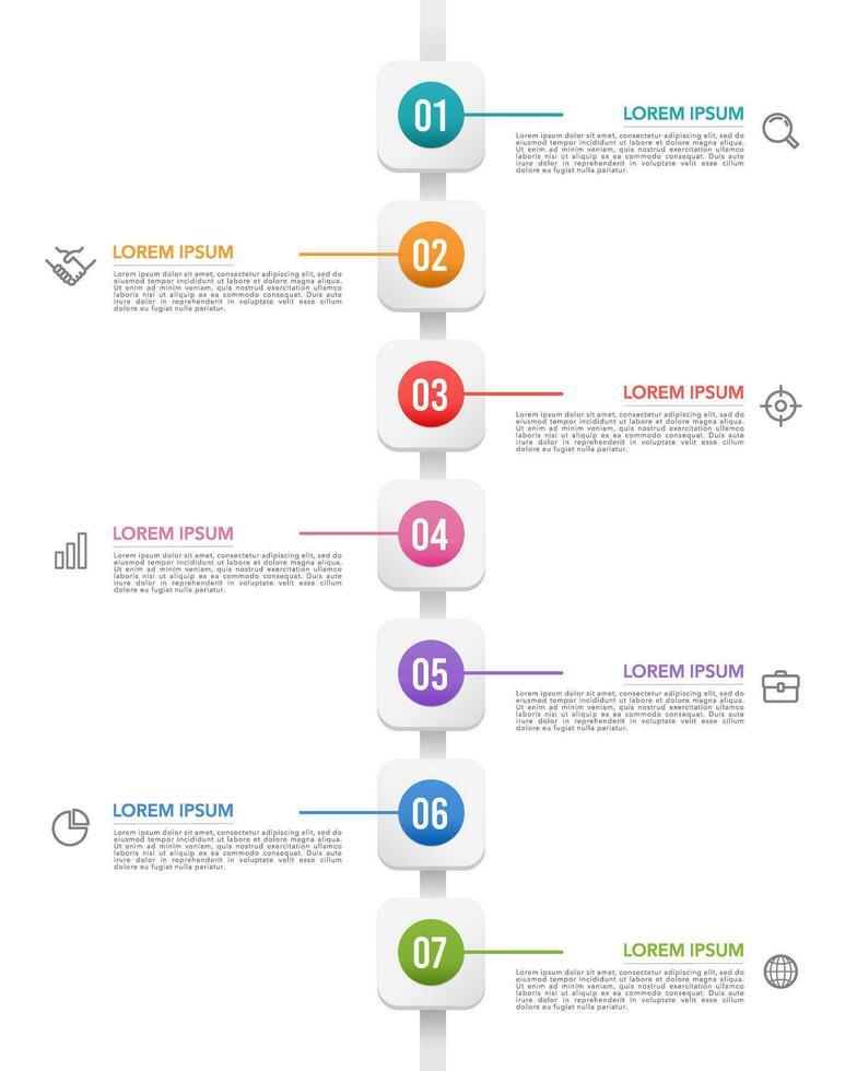 verticale infographie chronologie sept pas à succès. affaires présentation, calendrier, jalon, et feuille de route. vecteur illustration.