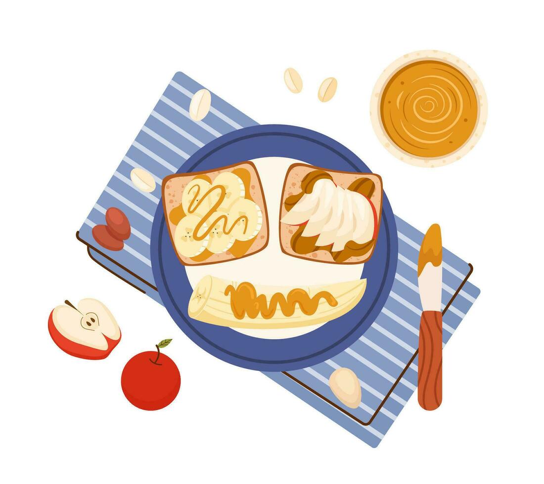 assiette avec cacahuète beurre sucré toasts et banane tranches. Haut vue illustration petit déjeuner huileux pâte Garniture et fruit sur grillé carré pain vecteur