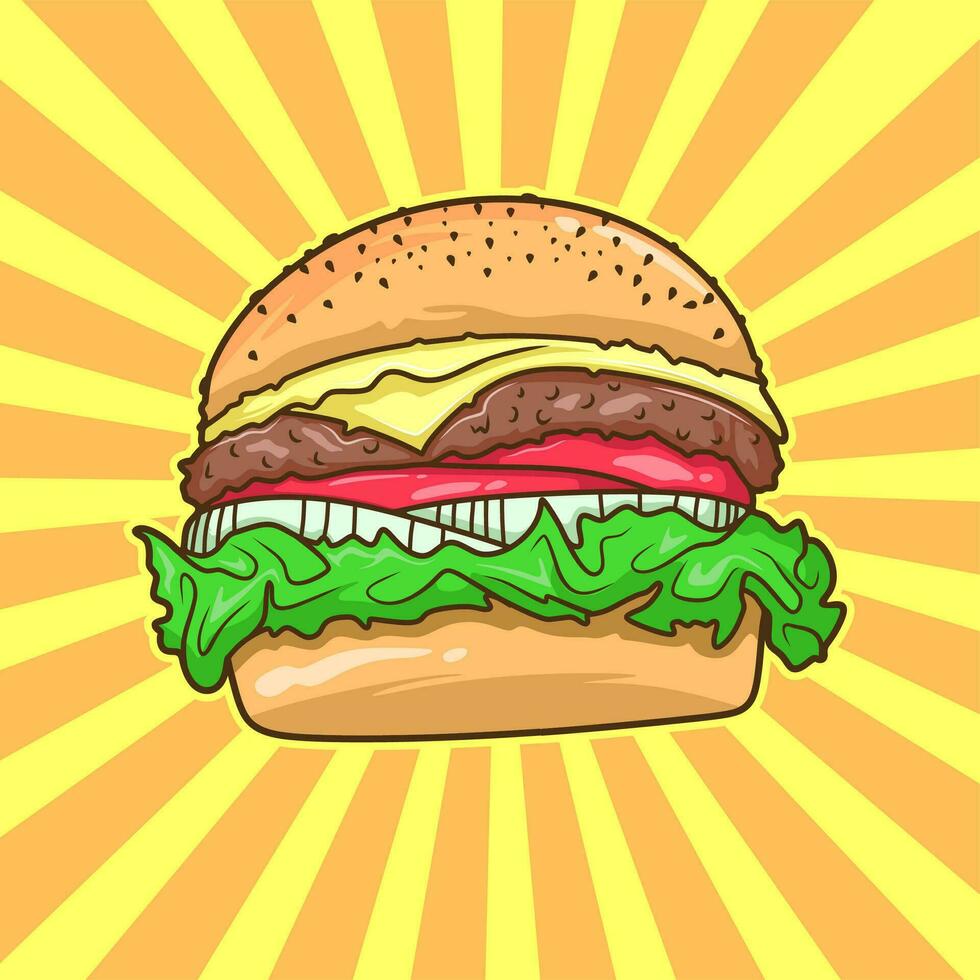 dessin animé savoureux gros Hamburger avec fromage et sésame des graines vecteur illustration