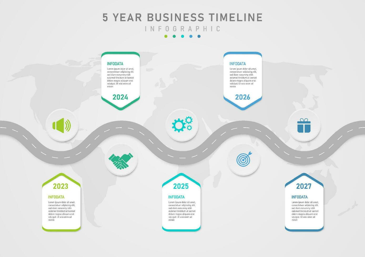 infographie affaires chronologie 5 année route gris centre cercle avec icône dans centre multicolore à angle aigu carrés le bas centre Nombres et des lettres avoir une gris pente Contexte carte. vecteur