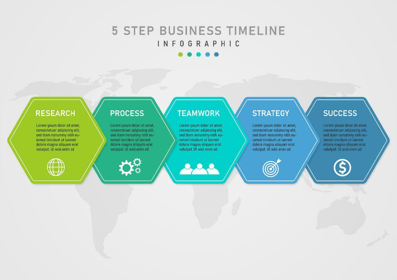 infographie modèle 5 étape affaires plan multicolore hexagone avec blanc contour lettre dans centre bas icône en dessous de carte gris pente Contexte conception pour projet, produit, commercialisation, investissement vecteur