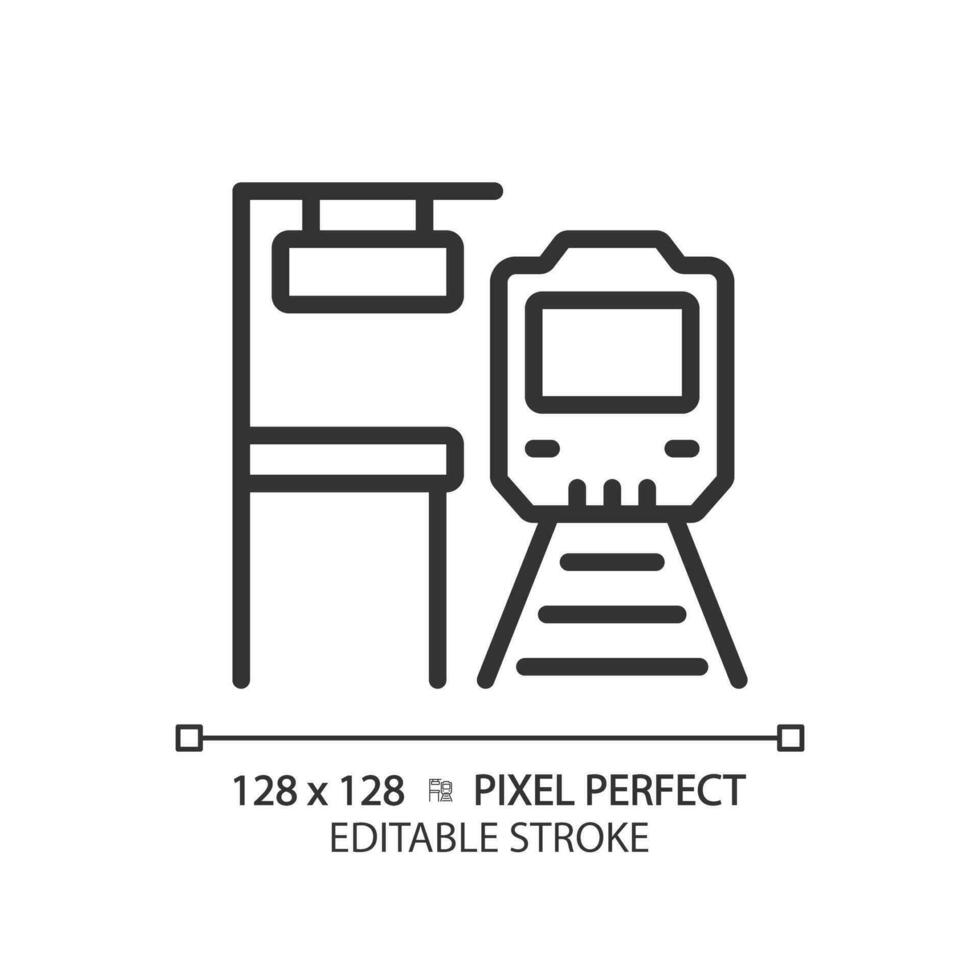 Plate-forme pixel parfait linéaire icône. train gare. chemin de fer piste. passager transport. haute la vitesse rail. mince ligne illustration. contour symbole. vecteur contour dessin. modifiable accident vasculaire cérébral