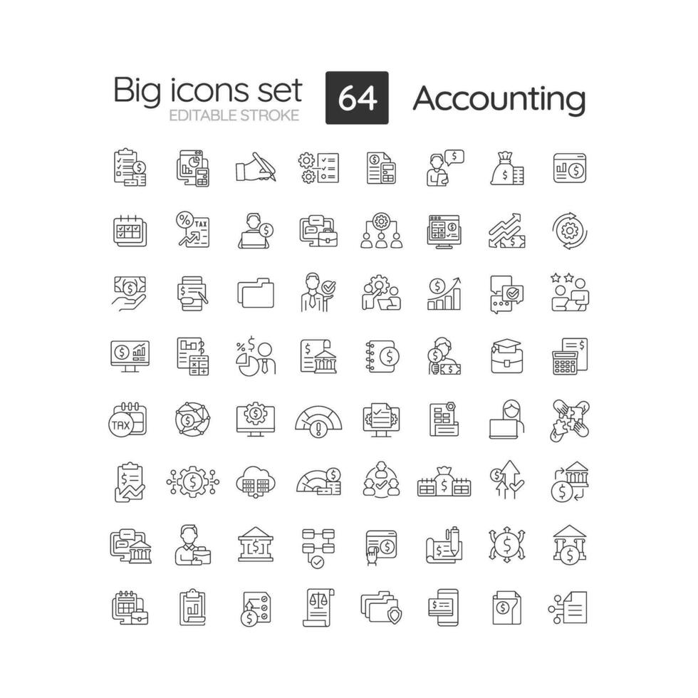 comptabilité linéaire Icônes ensemble. financier transactions. enregistrement affaires activités. la finance gestion. personnalisable mince ligne symboles. isolé vecteur contour illustrations. modifiable accident vasculaire cérébral