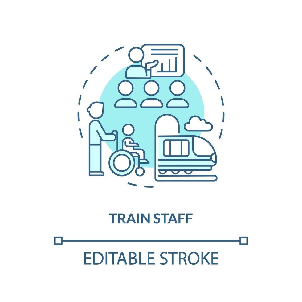 train Personnel turquoise concept icône. culturel sensibilité. invalidité assistance. Voyage expérience. client un service abstrait idée mince ligne illustration. isolé contour dessin. modifiable accident vasculaire cérébral vecteur