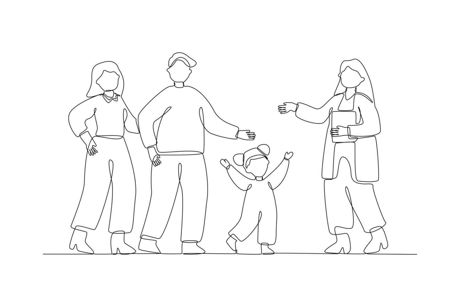 un continu ligne dessin de enfants, Parents et médecin. parentalité dans soins de santé concept. griffonnage vecteur illustration dans Facile linéaire style.