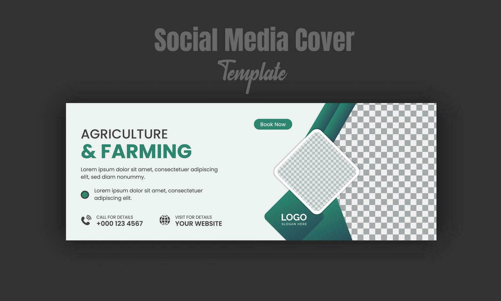 agriculture et agriculture un service social médias couverture ou Publier conception modèle, moderne pelouse tondeuse jardin, aménagement paysager un service promouvoir avec abstrait vert Couleur formes et blanc Contexte vecteur