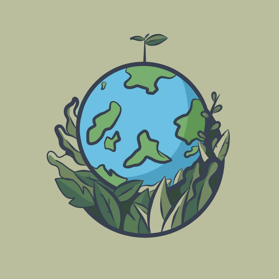 enregistrer le Terre, illustration de une en bonne santé monde avec les plantes sur il et ajoutée feuille ornements vecteur