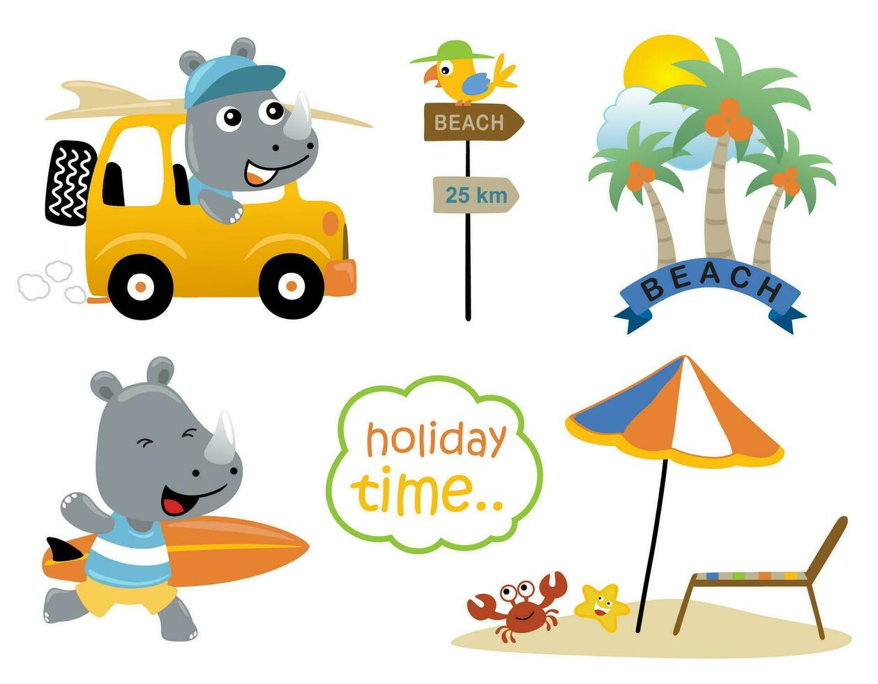 marrant rhinocéros dessin animé avec peu copains dans été vacances dans le plage vecteur