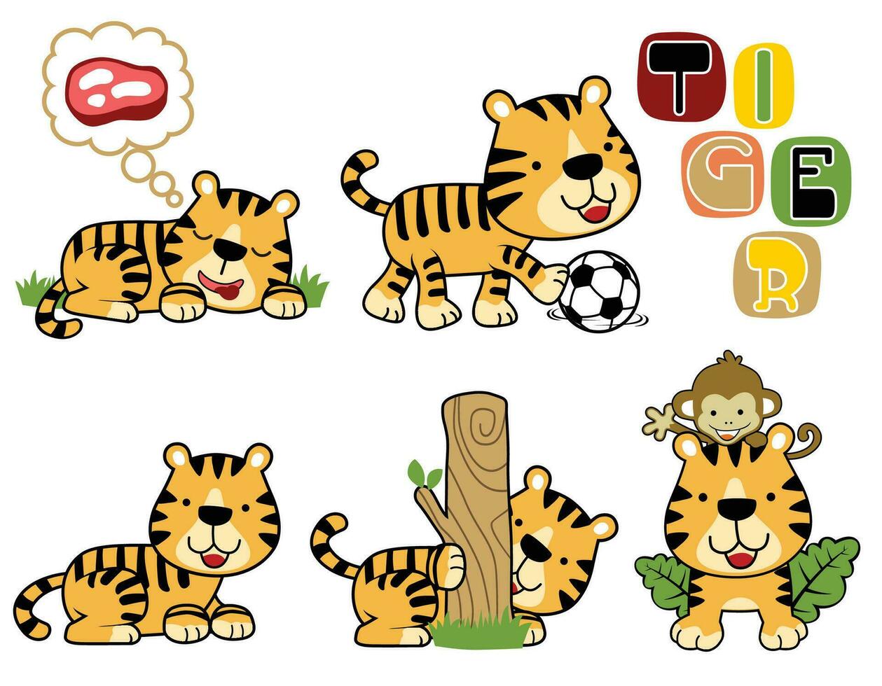 groupe de marrant tigre dessin animé avec singe dans différent Activités vecteur