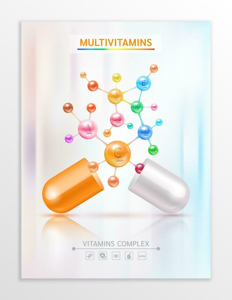 vitamine c Orange dans capsule. essentiel vitamines complexe et minéraux dans moléculaire former. diététique supplément pour pharmacie publicité. affiche bannière conception pour cliniques. médical concept. vecteur eps10.