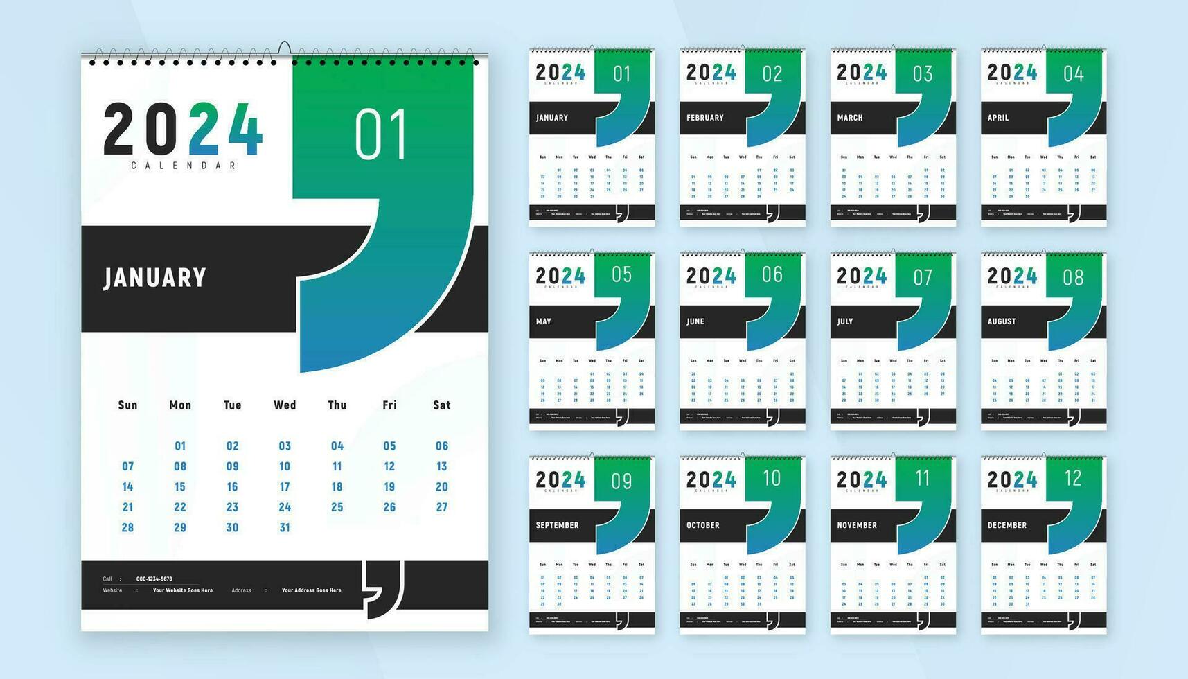 mensuel calendrier modèle conception pour 2024 an. la semaine départs sur dimanche. mur calendrier dans une minimaliste et Créatif style. vecteur
