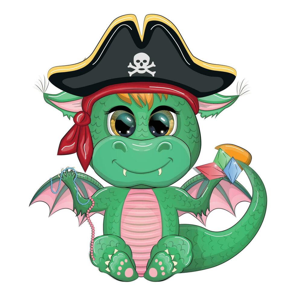 mignonne dessin animé vert dragon pirate dans une armé chapeau. symbole de 2024 selon à le chinois calendrier. vecteur