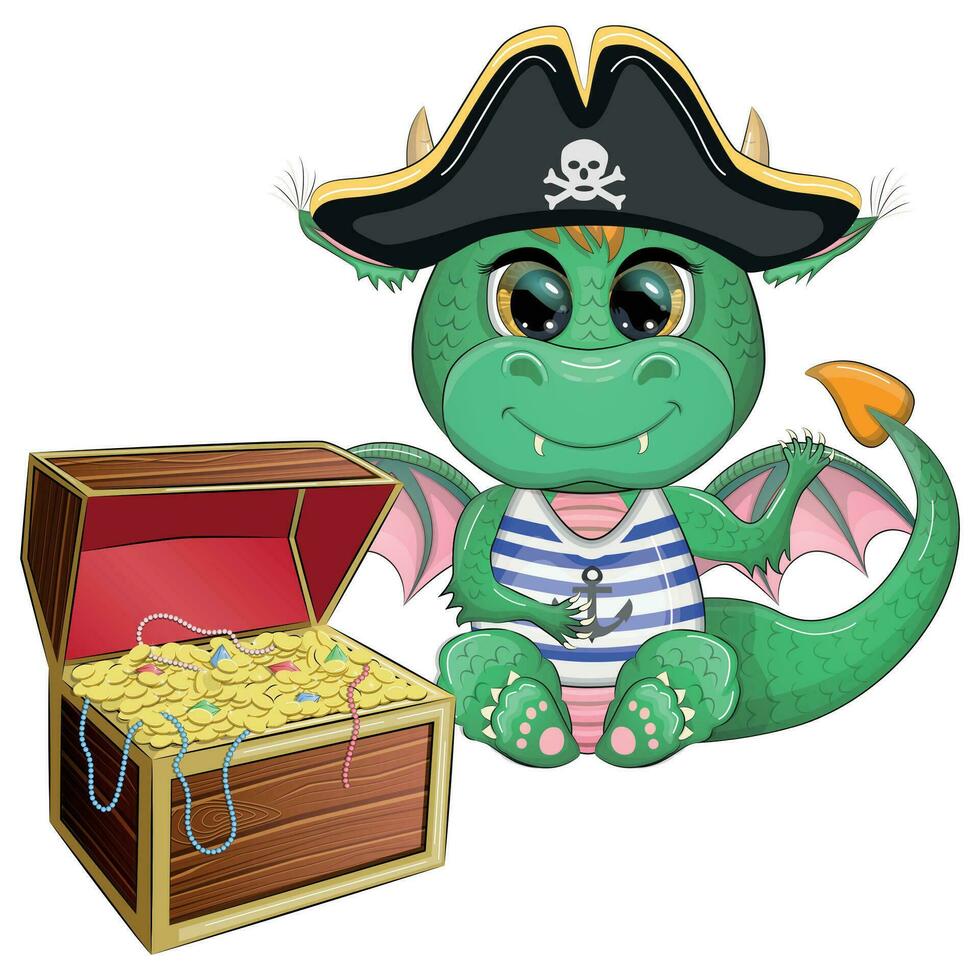 mignonne dessin animé vert dragon pirate dans une armé chapeau. symbole de 2024 selon à le chinois calendrier. vecteur