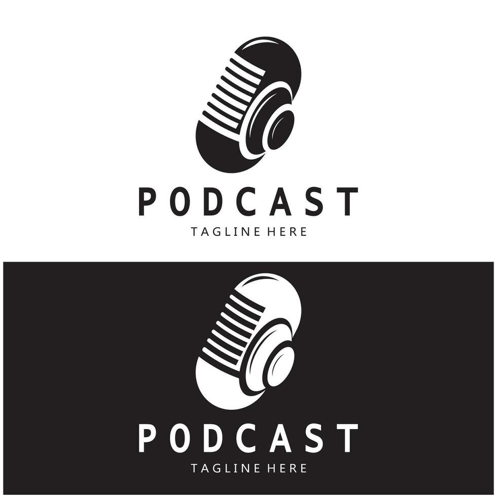 Podcast logo avec microphone et écouteur l'audio, radio vagues. pour studio, parler montrer, discuter, information partage, entretien, multimédia et la toile. vecteur