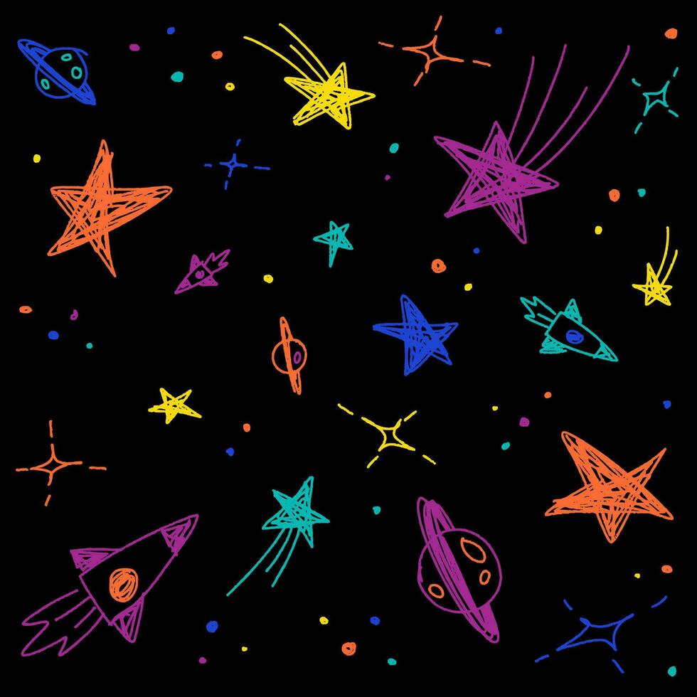 mignonne confettis étoile galaxie espace nuit ciel météore tournage étoile planète Saturne fusée. saupoudrer scintillait briller. griffonnage griffonner esquisser brosse stylo encrer. abstrait Couleur sans couture modèle noir Contexte. vecteur
