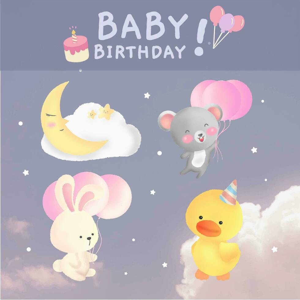 bébé fête mignonne animal nuit dessiné à la main des illustrations autocollant pack vecteur