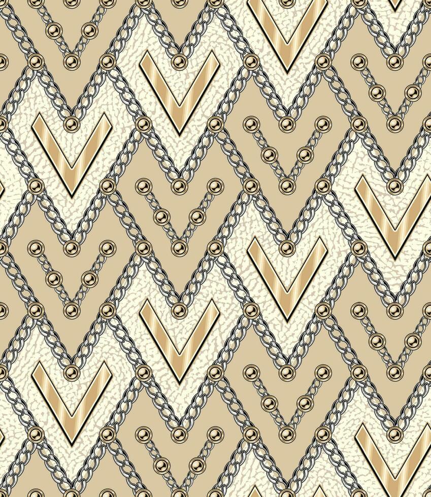 sans couture ancien diagonale modèle avec or Chaînes, perles. géométrique rhombe la grille comme une squame, bardeaux.texturés cellules. classique Contexte. vecteur illustration