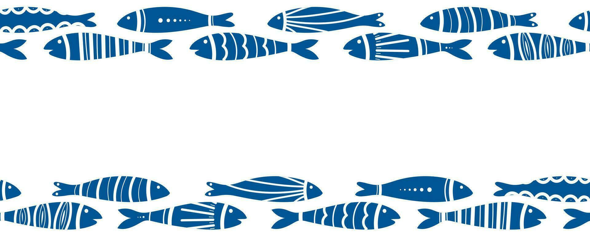 bleu poisson nager vecteur sans couture frontière. haut-fond de des poissons isolé sur blanche. carrelage poisson modèle. main tiré Marin des illustrations de poisson et mer éléments. été mer plage style