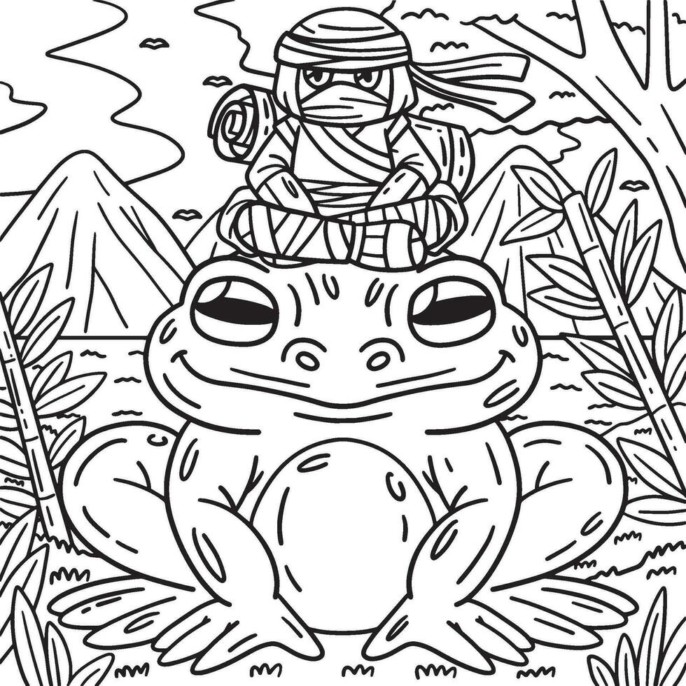 ninja sur énorme grenouille coloration page pour des gamins vecteur