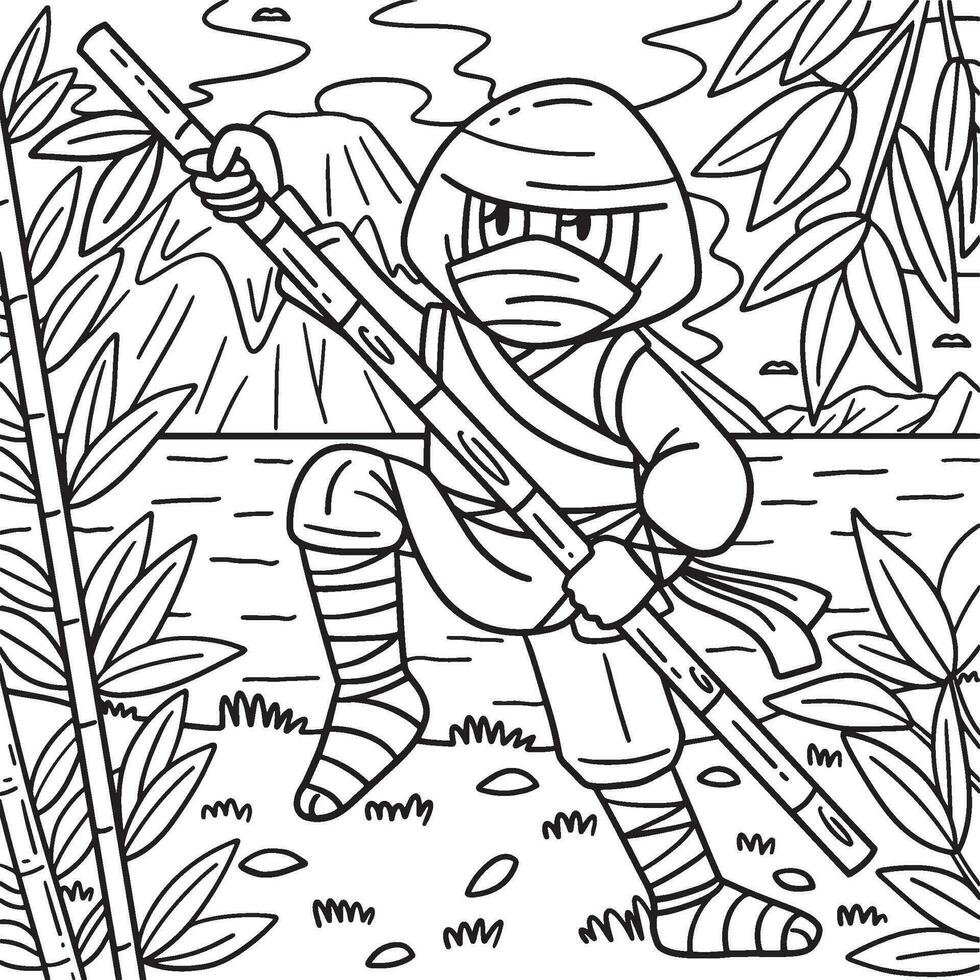 ninja avec une bambou pôle coloration page pour des gamins vecteur