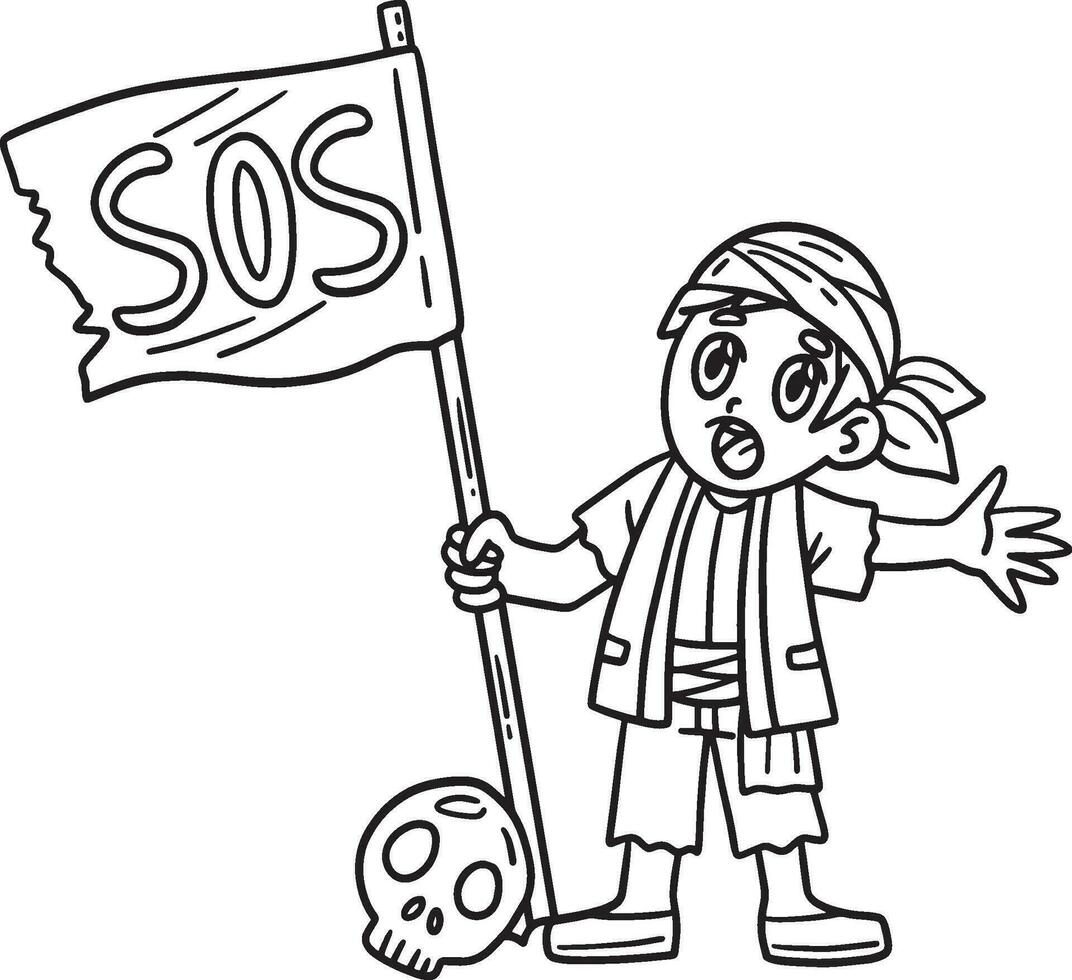 pirate avec sos drapeau isolé coloration page vecteur