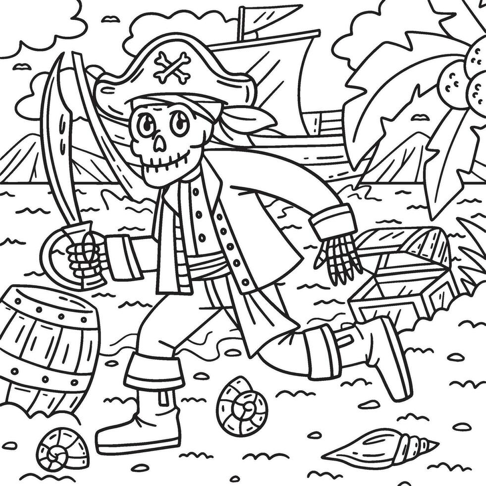 squelette pirate avec une coutelas coloration page vecteur