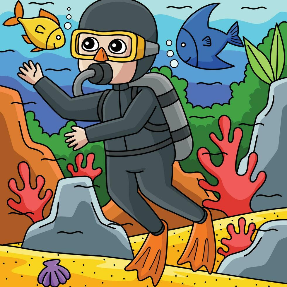 garçon scaphandre autonome plongée été coloré dessin animé vecteur