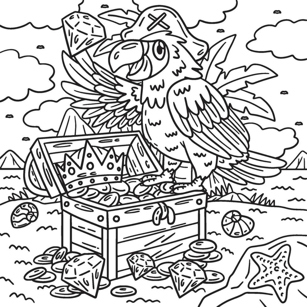 pirate perroquet se percher sur poitrine coloration page vecteur